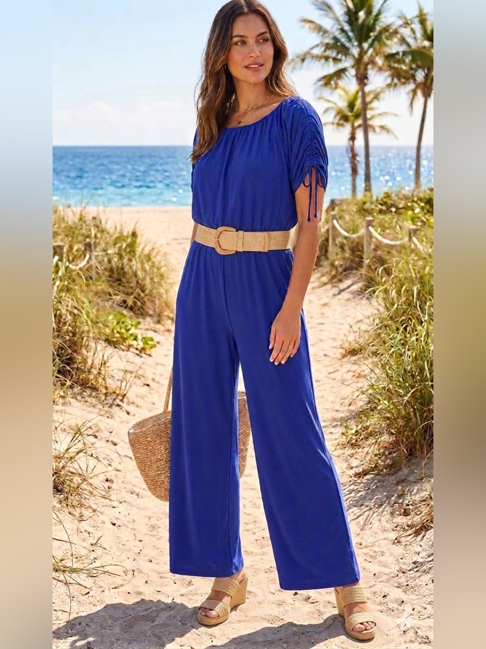 Tiana B. Royal Blue Wide-Leg Jumpsuit with Drawstring Sleeves